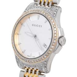Gucci Silver Diamonds Two-Tone Stainless Steel G-Timeless 126.5 Women's Wristwatch 27 mm