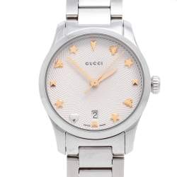 Pre Owned Gucci Silver White Stainless Steel G-Timeless 126.5 Women's Wristwatch 27 mm