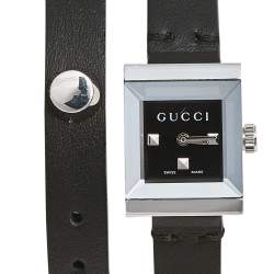 Pre Owned Gucci Black Stainless Steel Leather G-Frame 128.5 Women's Wristwatch 14 mm