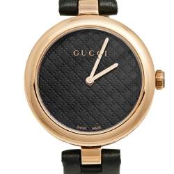 Gucci Black Rose Gold Plated Stainless Steel Leather Diamantissima 141.4 Women's Wristwatch 32 mm