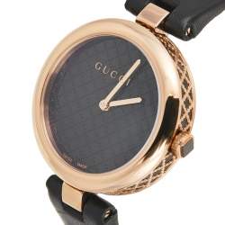 Gucci Black Rose Gold Plated Stainless Steel Leather Diamantissima 141.4 Women's Wristwatch 32 mm
