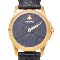 Gucci Black Gold Plated Stainless Steel Leather G-Timeless 126.5 Women's Wristwatch 27 mm
