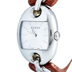 Pre Owned Gucci Silver Stainless Steel Marina Chain Leather YA121309 Women's Wristwatch 32 mm