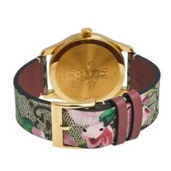 Gucci Pink Blooms Print Gold Plated Stainless Leather Steel G-Timeless 126.4 Women's Wristwatch 36 mm
