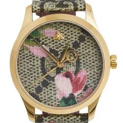 Gucci Pink Blooms Print Gold Plated Stainless Leather Steel G-Timeless 126.4 Women's Wristwatch 36 mm