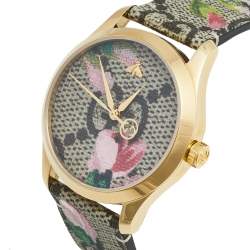 Gucci Pink Blooms Print Gold Plated Stainless Leather Steel G-Timeless 126.4 Women's Wristwatch 36 mm