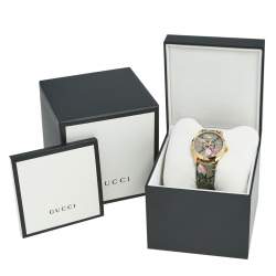 Gucci Pink Blooms Print Gold Plated Stainless Leather Steel G-Timeless 126.4 Women's Wristwatch 36 mm
