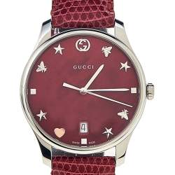 Gucci Red Mother Of Pearl Stainless Steel Lizard Skin Leather G-Timeless 126.4 Women's Wristwatch 36 mm