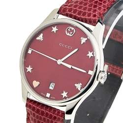 Gucci Red Mother Of Pearl Stainless Steel Lizard Skin Leather G-Timeless 126.4 Women's Wristwatch 36 mm