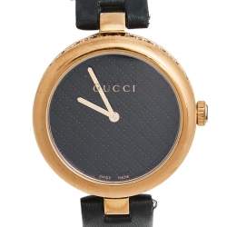 Pre Owned Gucci Black Rose Gold Plated Stainless Steel Leather Diamantissima 141.4 Women's Wristwatch 32 mm