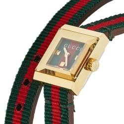 Pre Owned Gucci Green Red Yellow Gold Plated Stainless Steel Leather G-Frame 128.5 Women's Wristwatch 14 mm