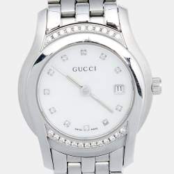 Pre Owned Gucci Mother of Pearl Stainless Steel Diamond G-Class YA055510 Women's Wristwatch 27 mm