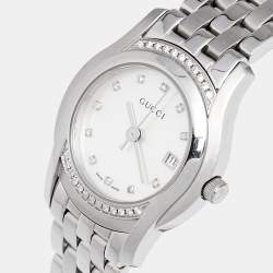 Pre Owned Gucci Mother of Pearl Stainless Steel Diamond G-Class YA055510 Women's Wristwatch 27 mm