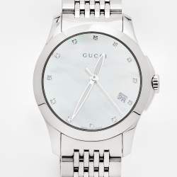 Pre Owned Gucci Mother Of Pearl Stainless Steel Diamond G-Timeless YA126504 Women's Wristwatch 27 mm