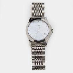 Pre Owned Gucci Mother Of Pearl Stainless Steel Diamond G-Timeless YA126504 Women's Wristwatch 27 mm