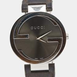 Pre Owned Gucci Grey Stainless Steel Leather Interlocking G 133.3 Women's Wristwatch 37 mm
