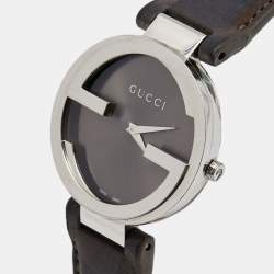 Pre Owned Gucci Grey Stainless Steel Leather Interlocking G 133.3 Women's Wristwatch 37 mm