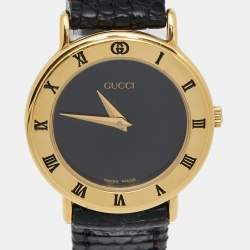 Gucci Black Gold Plated Stainless Steel Leather 3000.2.L Women's Wristwatch 25 mm