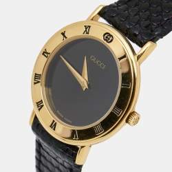 Gucci Black Gold Plated Stainless Steel Leather 3000.2.L Women's Wristwatch 25 mm