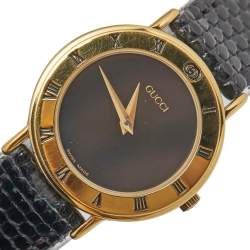 Gucci Black Gold Plated Stainless Steel Leather 3000.2.L Women's Wristwatch 25 mm