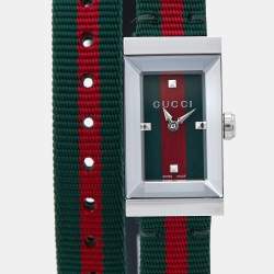  Gucci Green Red Stainless Steel Canvas Leather G-Frame YA147503 Women's Wristwatch 14 mm