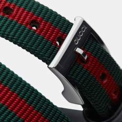  Gucci Green Red Stainless Steel Canvas Leather G-Frame YA147503 Women's Wristwatch 14 mm
