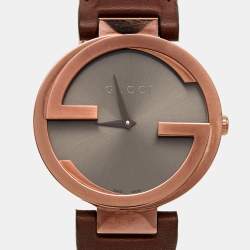 Pre Owned Gucci Brown Ion Plated Stainless Steel Leather Interlocking G 133.3 Women's Wristwatch 37 mm