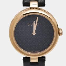 Gucci Black Rose Gold Plated Stainless Steel Leather Diamantissima YA141401 Women's Wristwatch 32 mm
