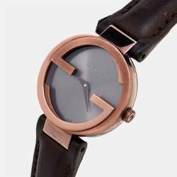 Pre Owned Gucci Brown Ion Plated Stainless Steel Leather Interlocking G 133.5 Women's Wristwatch 29 mm