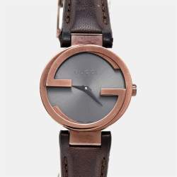 Pre Owned Gucci Brown Ion Plated Stainless Steel Leather Interlocking G 133.5 Women's Wristwatch 29 mm