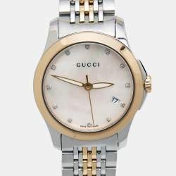 Pre Owned Gucci Mother of Pearl Two-Tone Stainless Steel Diamonds G-Timeless YA126514 Women's Wristwatch 27 mm