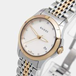 Pre Owned Gucci Mother of Pearl Two-Tone Stainless Steel Diamonds G-Timeless YA126514 Women's Wristwatch 27 mm