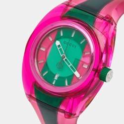 Pre Owned Gucci Green/Pink Nylon Rubber Sync YA137115 Women's Wristwatch 46 mm