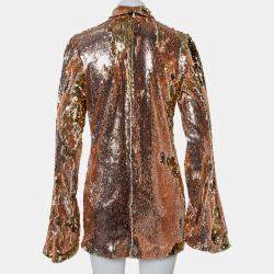 Halpern Gold Sequin Embellished Knit Bell Sleeve Detail Mini Dress S
