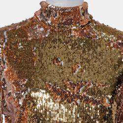 Halpern Gold Sequin Embellished Knit Bell Sleeve Detail Mini Dress S