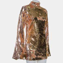 Halpern Gold Sequin Embellished Knit Bell Sleeve Detail Mini Dress S