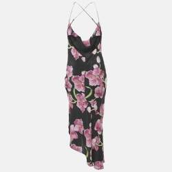 Pre Owned Haney Black Floral Print Silk Cowl Neck Slip Dress M