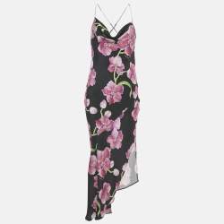 Pre Owned Haney Black Floral Print Silk Cowl Neck Slip Dress M