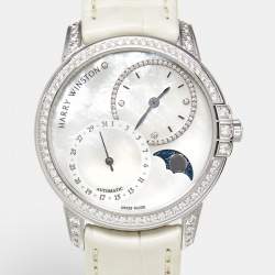 Pre Owned Harry Winston Midnight Date Moon Phase MIDAMP36WW001 Mother Of Pearl Diamond 18K White Gold Alligator Leather Women's Wristwatch 36 mm