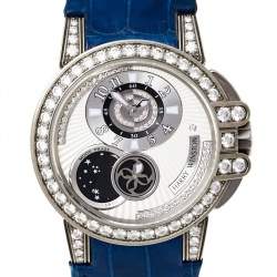 Pre Owned Harry Winston Silver Zalium Leather Diamond Ocean Lady Z Moonphase 400-UAMP36Z Women's Wristwatch 35 mm