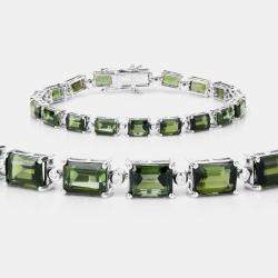 Pre Owned 18.90 cts Green Tourmaline and Diamond 14K White Gold Tennis Bracelet