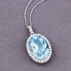 مملوكة مسبقًا 9.11 cts Aquamarine and Diamond 14K White Gold Halo Pendant