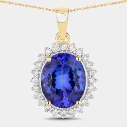 Pre Owned قلادة بحجر تنزانيت وألماس بوزن 4.34 قيراط من ذهب أصفر عيار 14 هالو