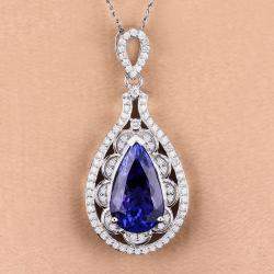 Pre Owned 6.17 cts Tanzanite and Diamond 14K White Gold Teardrop Pendant