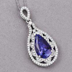 Pre Owned 6.17 cts Tanzanite and Diamond 14K White Gold Teardrop Pendant