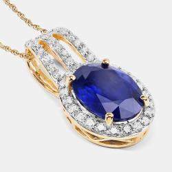 Pre Owned 3.59 cts Ceylon Blue Sapphire and Diamond 18K Yellow Gold Statement Pendant