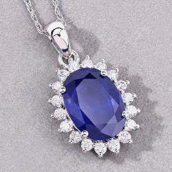 Pre Owned 4.23 cts Ceylon Blue Sapphire and Diamond 18K White Gold Halo Pendant
