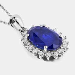 Pre Owned 4.23 cts Ceylon Blue Sapphire and Diamond 18K White Gold Halo Pendant