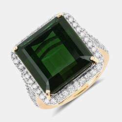 مملوكة مسبقًا 16.56 cts Green Tourmaline and Diamond 14K Yellow Gold Halo Ring US Size 7