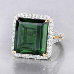 مملوكة مسبقًا 16.56 cts Green Tourmaline and Diamond 14K Yellow Gold Halo Ring US Size 7